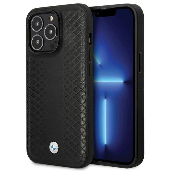 BMW læder Diamond mønster sag til iPhone 14 Pro - sort