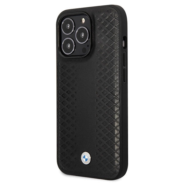 BMW læder Diamond mønster sag til iPhone 14 Pro - sort