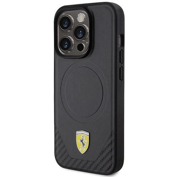 Ferrari Carbon Metal Logo MagSafe-hylster til iPhone 15 Pro - sort