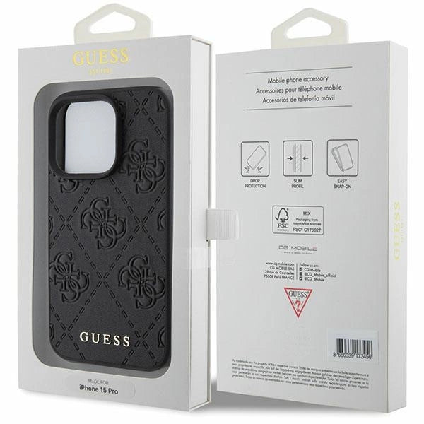 Guess læder 4G Stemplet case til iPhone 15 Pro - sort