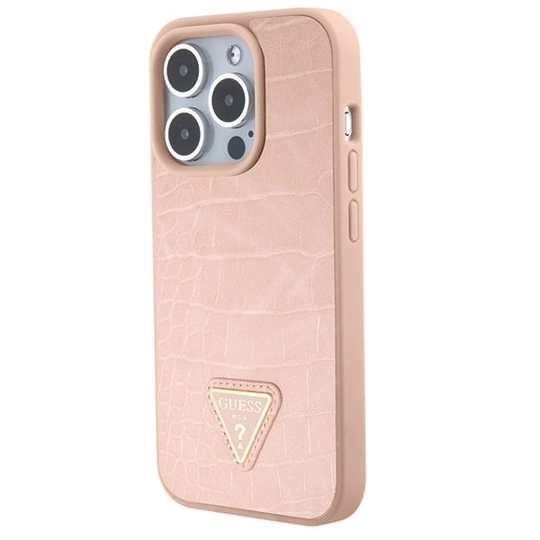 Guess Croco Triangle Metal Logo-hylster til iPhone 15 Pro - pink