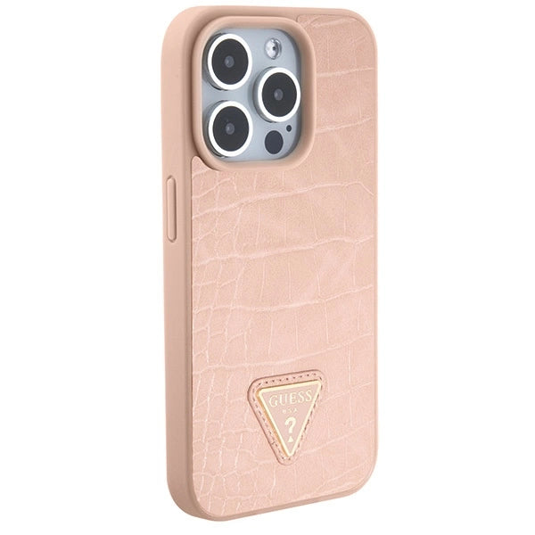 Guess Croco Triangle Metal Logo-hylster til iPhone 15 Pro - pink