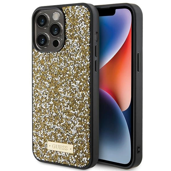 Guess Rhinestone Metal Logo-hylster til iPhone 15 Pro - gul