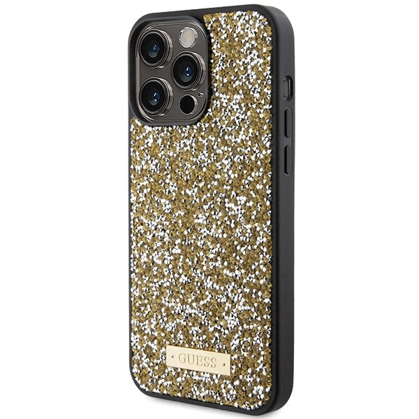 Guess Rhinestone Metal Logo-hylster til iPhone 15 Pro - gul