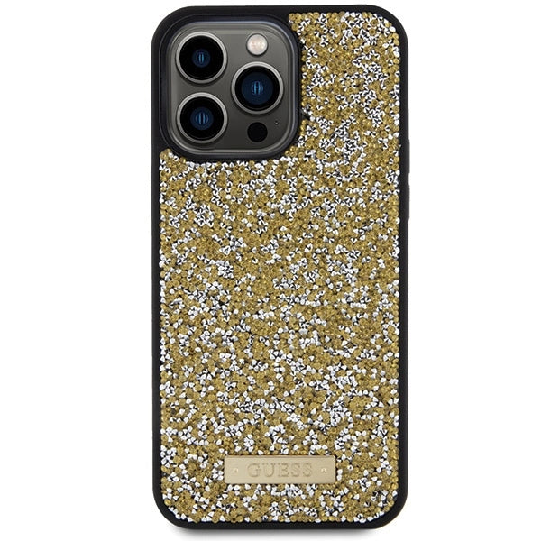 Guess Rhinestone Metal Logo-hylster til iPhone 15 Pro - gul