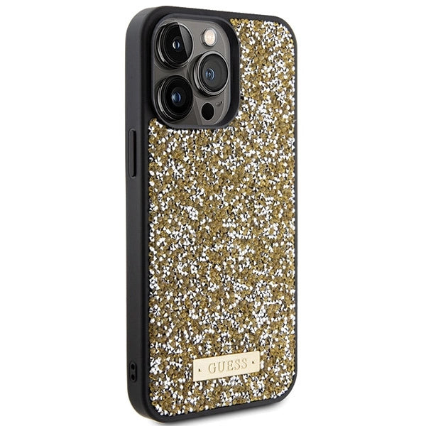 Guess Rhinestone Metal Logo-hylster til iPhone 15 Pro - gul