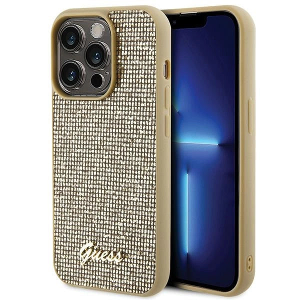 Guess Disco Metal Script-hylster til iPhone 15 Pro - guld