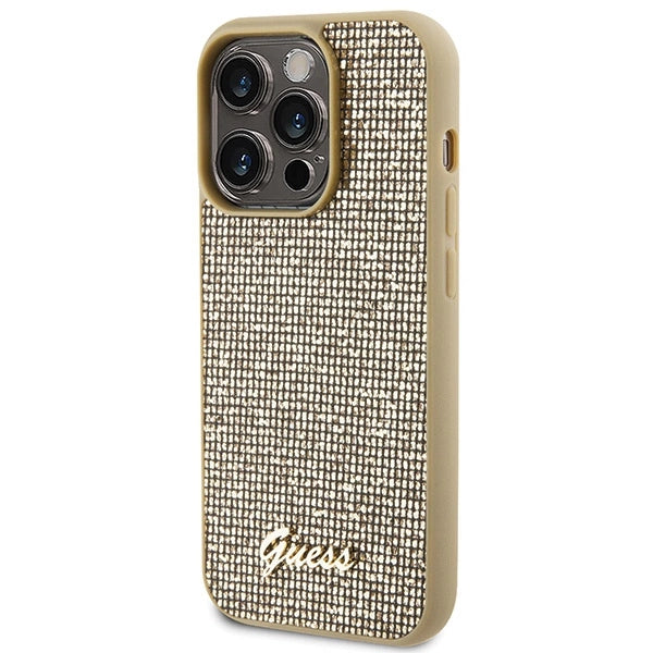 Guess Disco Metal Script-hylster til iPhone 15 Pro - guld