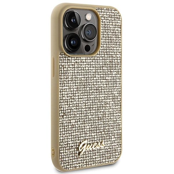 Guess Disco Metal Script-hylster til iPhone 15 Pro - guld