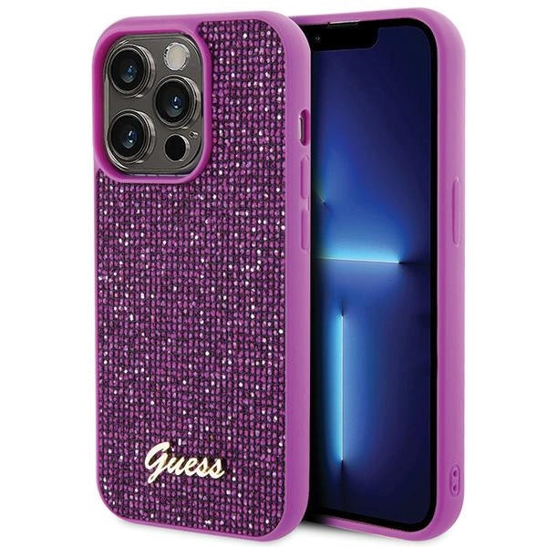 Guess Disco Metal Script-hylster til iPhone 15 Pro - pink