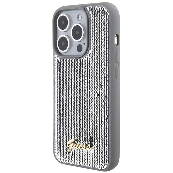 Guess Sequin Script Metallæske til iPhone 15 Pro - sølv