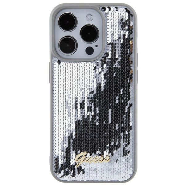 Guess Sequin Script Metallæske til iPhone 15 Pro - sølv