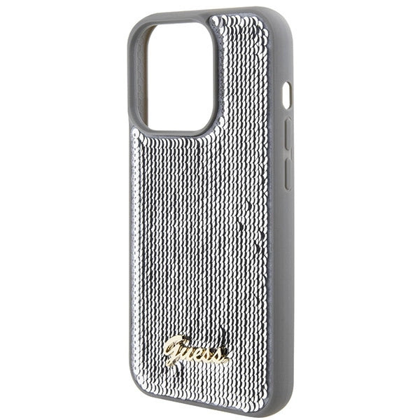 Guess Sequin Script Metallæske til iPhone 15 Pro - sølv