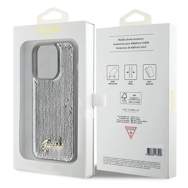 Guess Sequin Script Metallæske til iPhone 15 Pro - sølv