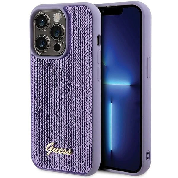 Guess Sequin Script Metallæske til iPhone 15 Pro - lilla
