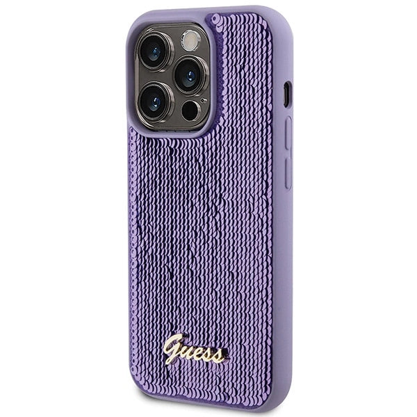 Guess Sequin Script Metallæske til iPhone 15 Pro - lilla