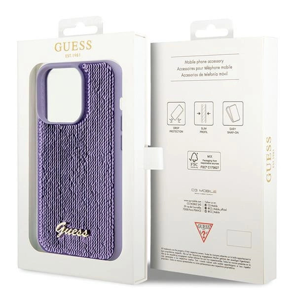 Guess Sequin Script Metallæske til iPhone 15 Pro - lilla