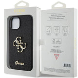 Guess Glitter Script Stor 4G-kasse til iPhone 15 - sort