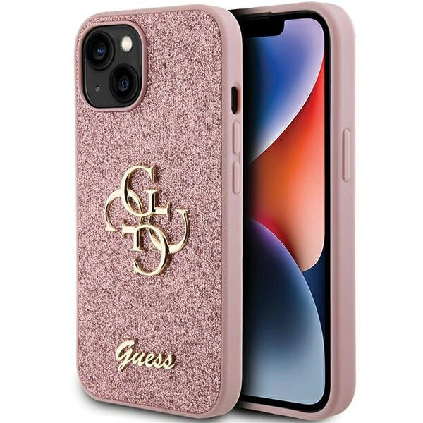 Guess Glitter Script Stor 4G-kasse til iPhone 15 - pink