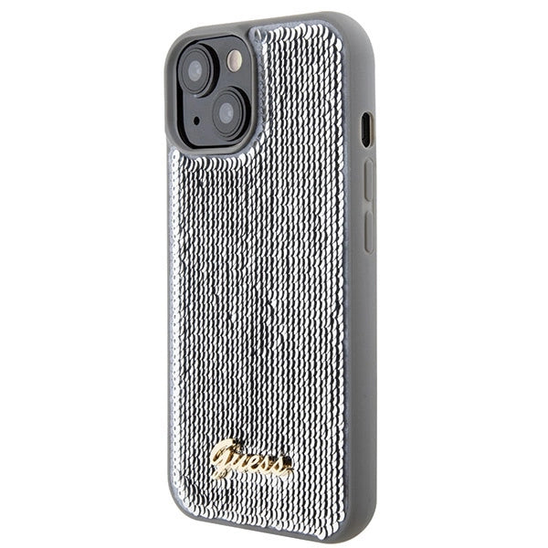 Guess Sequin Script Metallæske til iPhone 15 - sølv