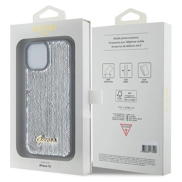 Guess Sequin Script Metallæske til iPhone 15 - sølv