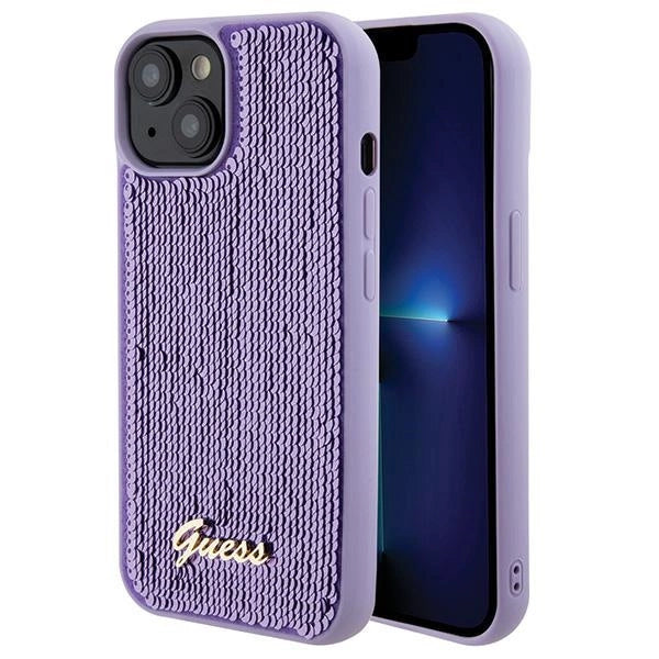 Guess Sequin Script Metallæske til iPhone 15 - lilla