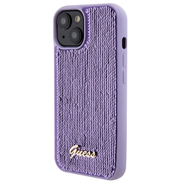 Guess Sequin Script Metallæske til iPhone 15 - lilla