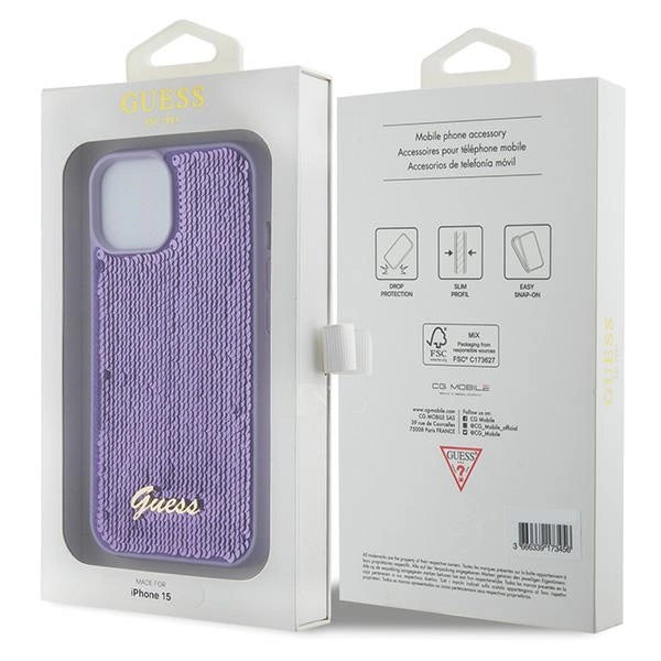 Guess Sequin Script Metallæske til iPhone 15 - lilla