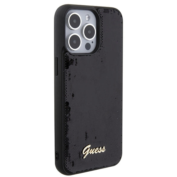 Guess Sequin Script Metallæske til iPhone 15 Pro Max - sort