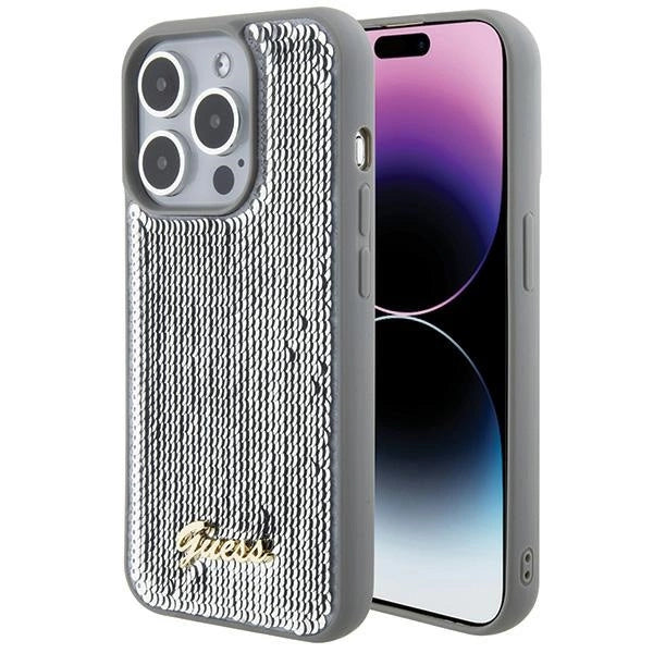 Guess Sequin Script Metallæske til iPhone 15 Pro Max - sølv