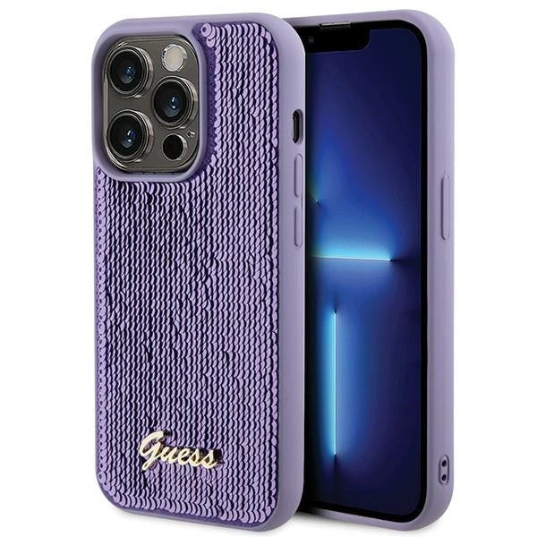 Guess Sequin Script Metallæske til iPhone 15 Pro Max - lilla