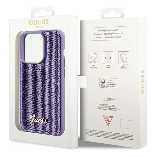 Guess Sequin Script Metallæske til iPhone 15 Pro Max - lilla