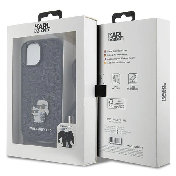 Karl Lagerfeld Crossbody Saffiano Metal Pin Karl & Choupette case for iPhone 15 - black