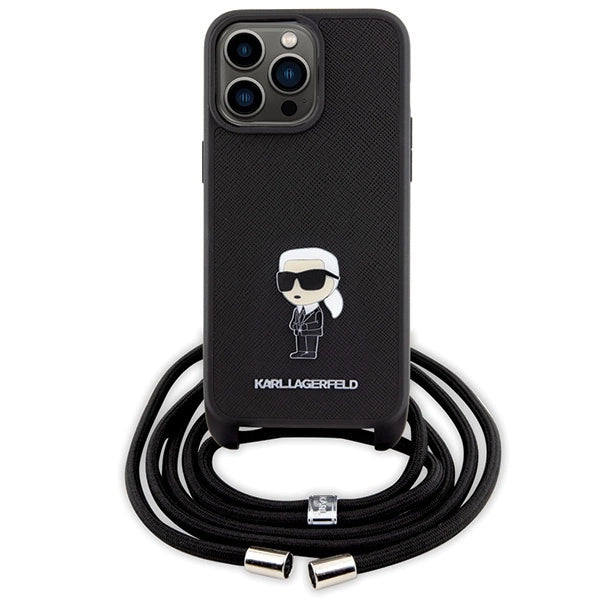 Karl Lagerfeld Crossbody Saffiano Monogram Metal Pin Karl & Choupette Case for iPhone 15 Pro Max - Black