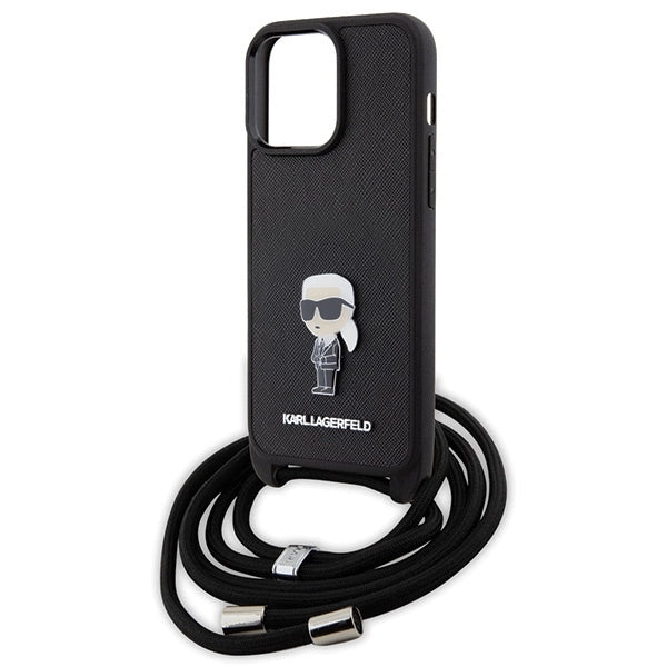 Karl Lagerfeld Crossbody Saffiano Monogram Metal Pin Karl & Choupette Case for iPhone 15 Pro Max - Black