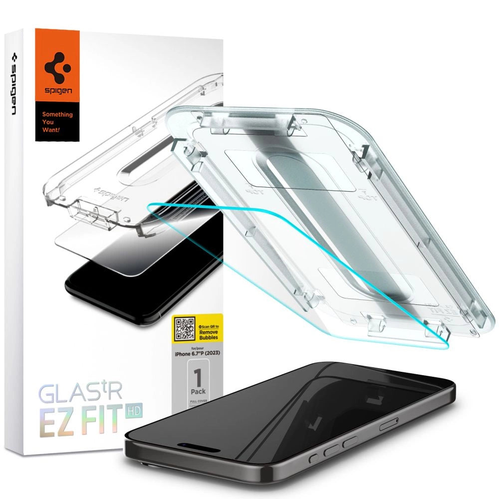 Spigen Glas.tR EZ Fit hærdet glas til iPhone 15 Pro Max