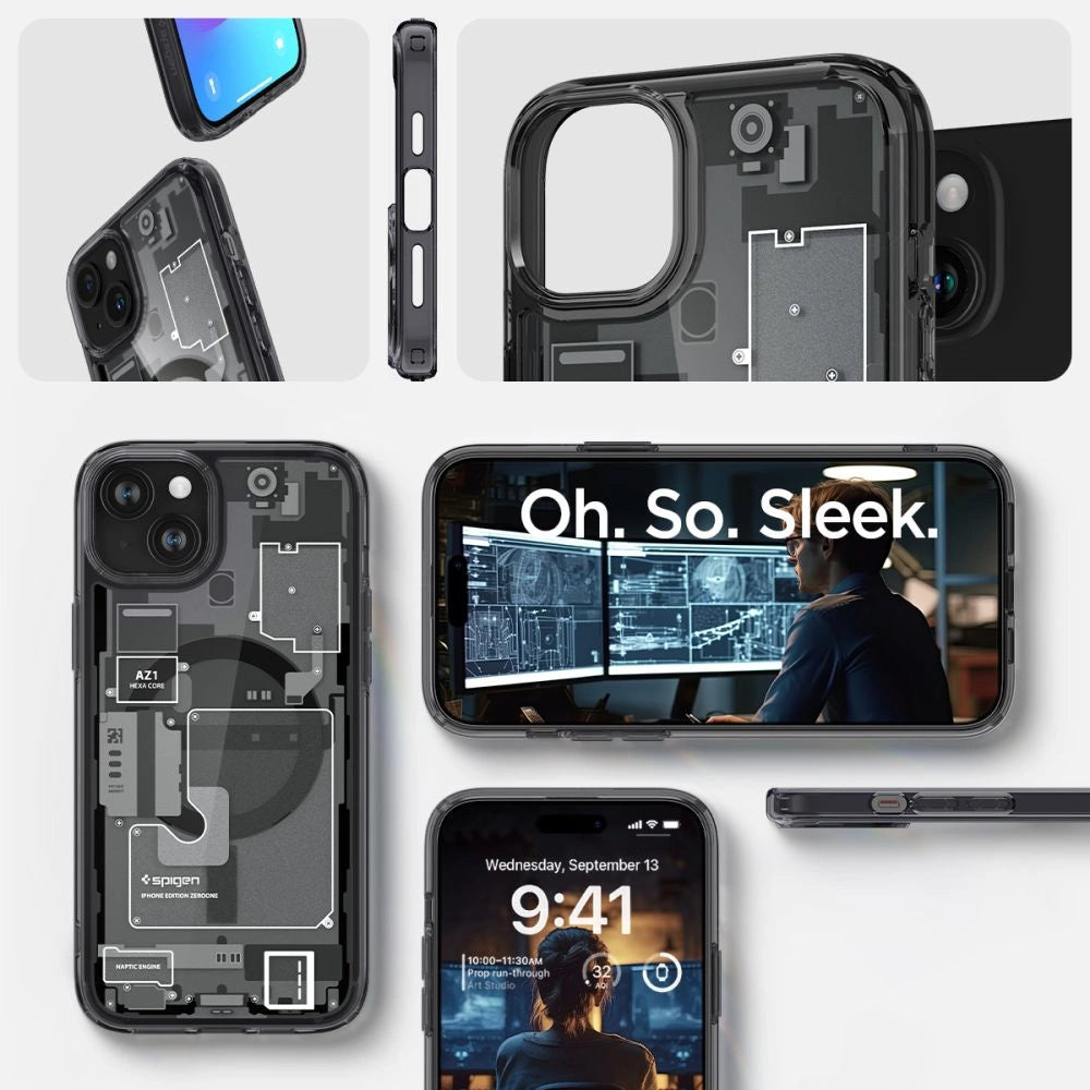 Spigen Ultra Hybrid Mag Case med MagSafe til iPhone 15 Plus - mørkgrå (Zero One mønster)