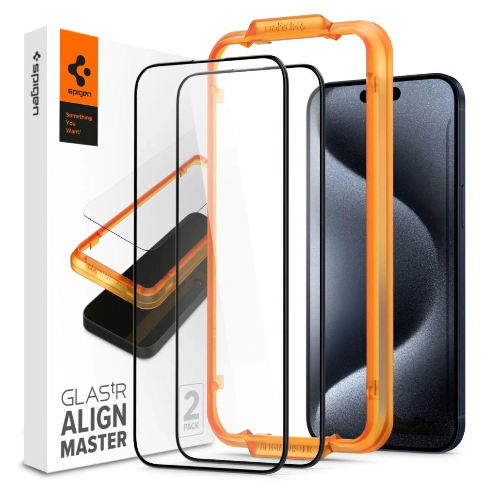 Spigen ALM Glass FC hærdet glas til iPhone 15 Pro - sort 2 stk.
