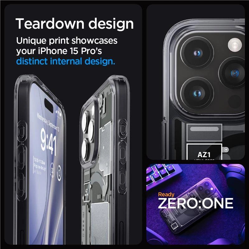 Spigen Ultra Hybrid Mag Case med MagSafe til iPhone 15 Pro - mørkgrå (Zero One mønster)