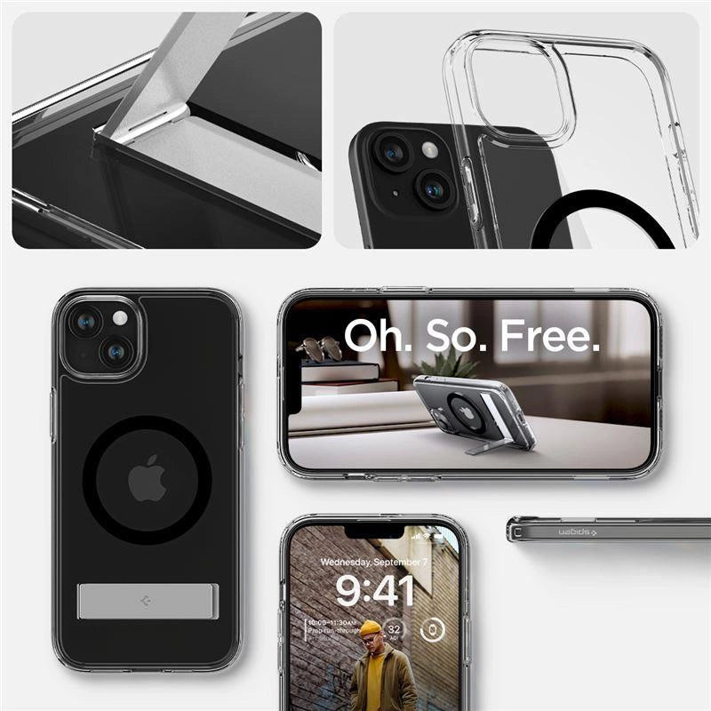 Spigen Ultra Hybrid S MagSafe Case med stativ til iPhone 15 Plus - sort