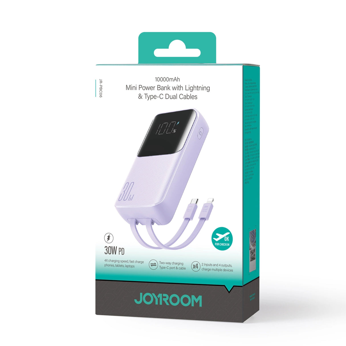 Joyroom JR-PBC06 mini powerbank med indbygget USB-C / Lightning kabler 30W 10000mAh - lilla