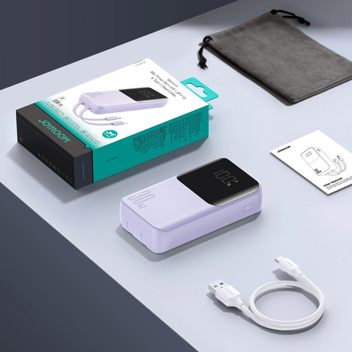 Joyroom JR-PBC06 mini powerbank med indbygget USB-C / Lightning kabler 30W 10000mAh - lilla