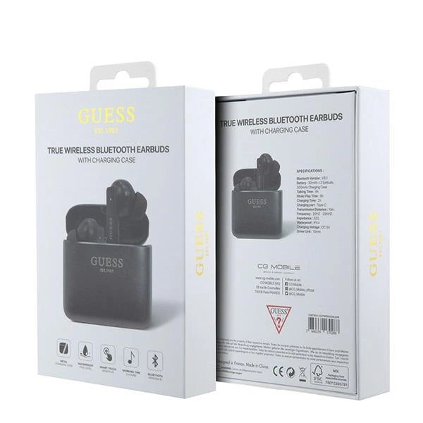 Guess Bluetooth hovedtelefoner GUTWSSU20ALEGK TWS + docking station sort/sort Udskrevet logo