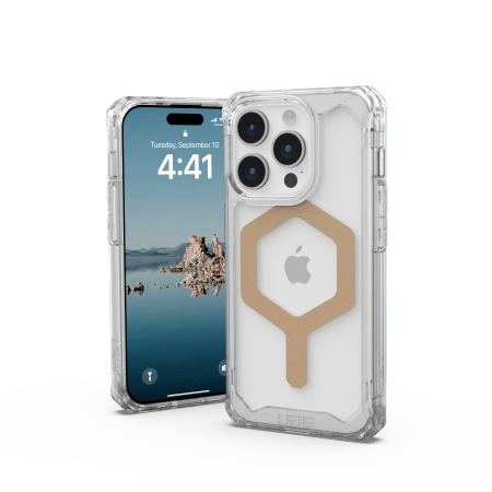 UAG Plyo MagSafe-hylster til iPhone 15 Pro - gennemsigtigt og guld