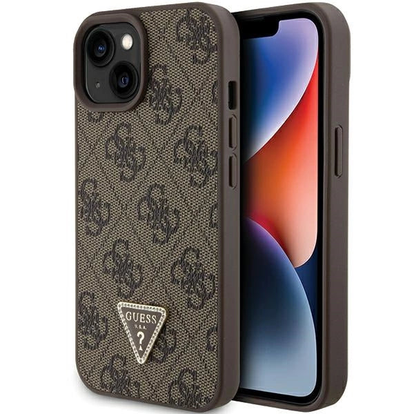 Guess læder 4G Triangle Strass case til iPhone 15 - brun