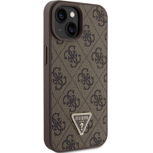 Guess læder 4G Triangle Strass case til iPhone 15 - brun