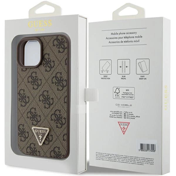 Guess læder 4G Triangle Strass case til iPhone 15 - brun
