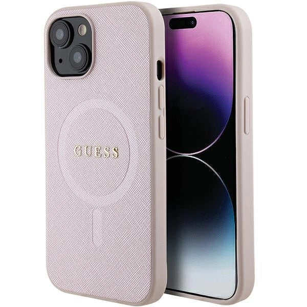 Guess Saffiano MagSafe-foder til iPhone 15 Plus - lyserød