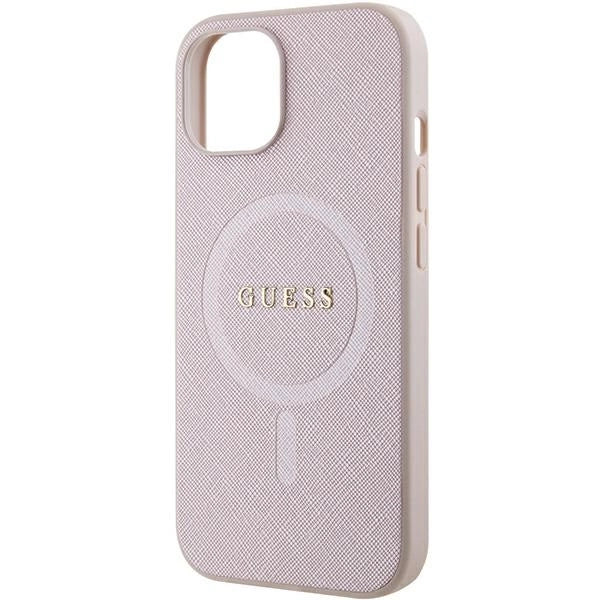 Guess Saffiano MagSafe-foder til iPhone 15 Plus - lyserød
