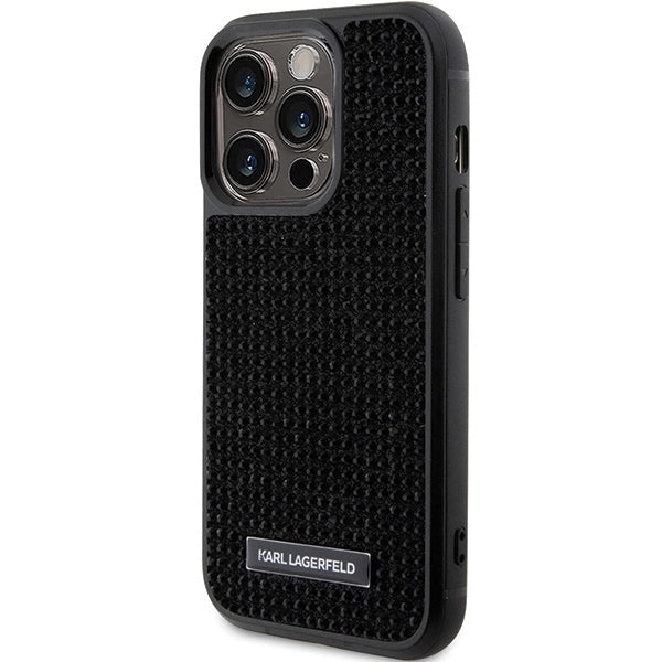 Karl Lagerfeld Rhinestone Logo Metal Plate case for iPhone 15 Pro - black